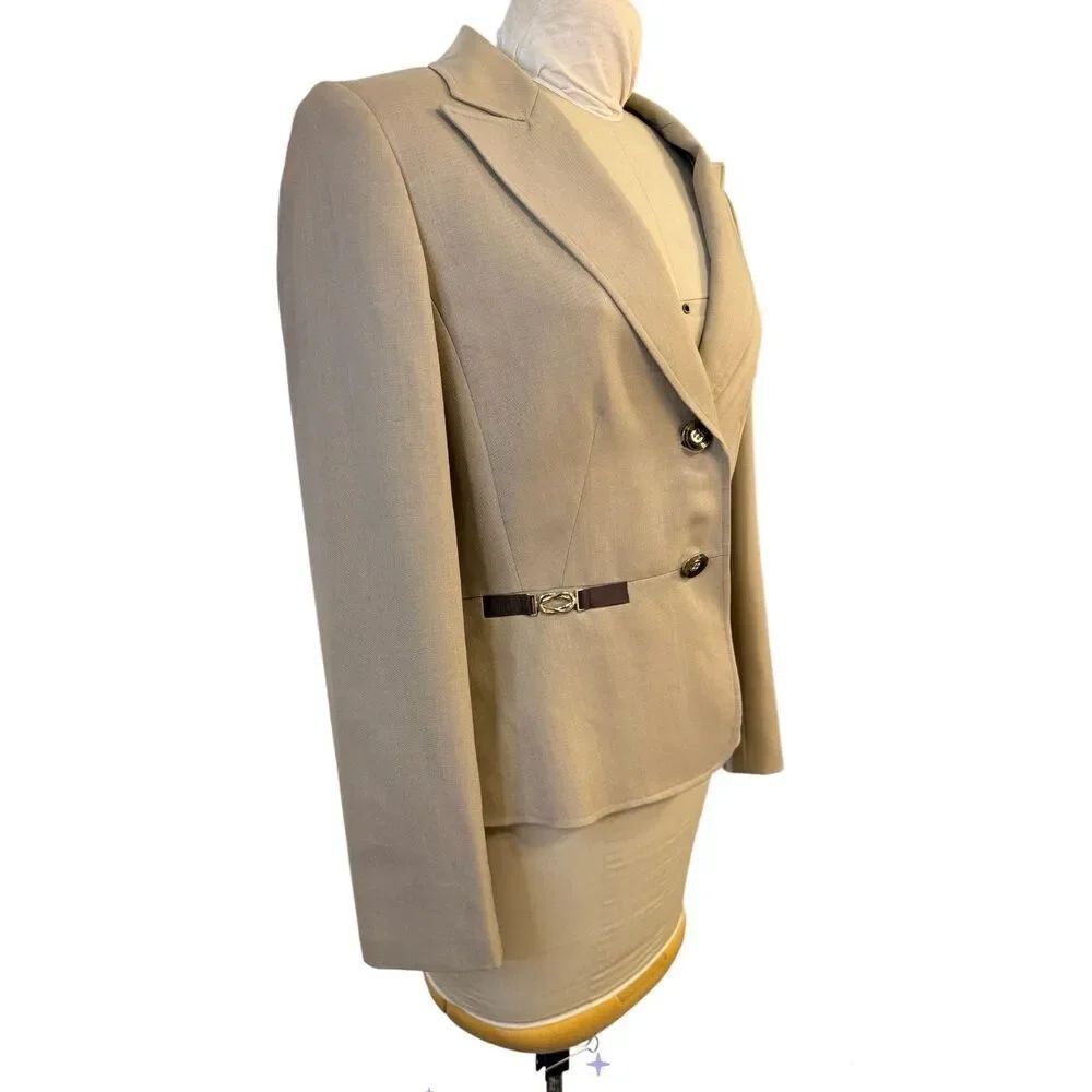 TAHARI Brown Tan Wool Belt Detail 2-Button Blazer Sz. 12 Career Professional - Picture 5 of 16